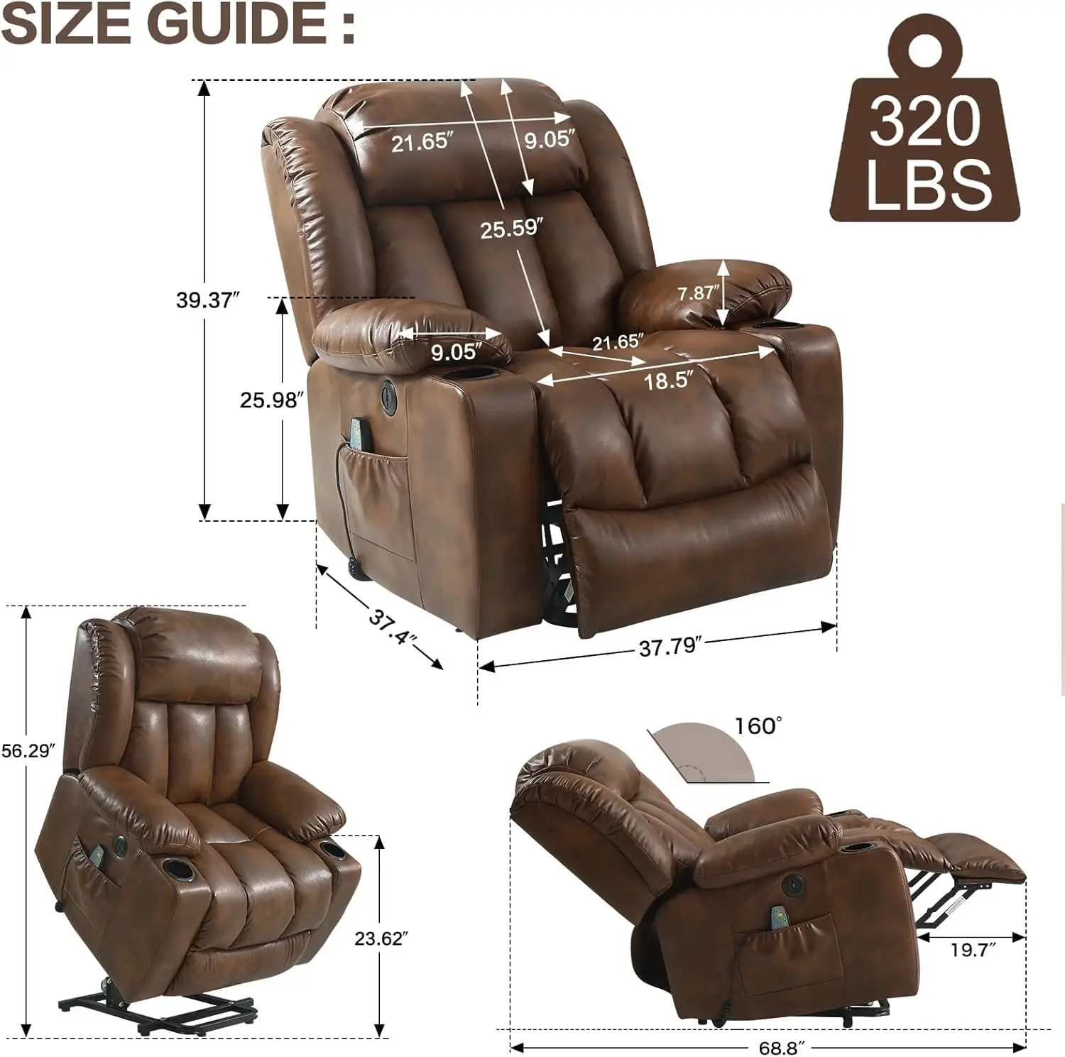 Recliner Chair, Power Lift Chairs Recliners for Elderly Adults with Heating, Massage Function, USB Ports, 2 Cup Holders,