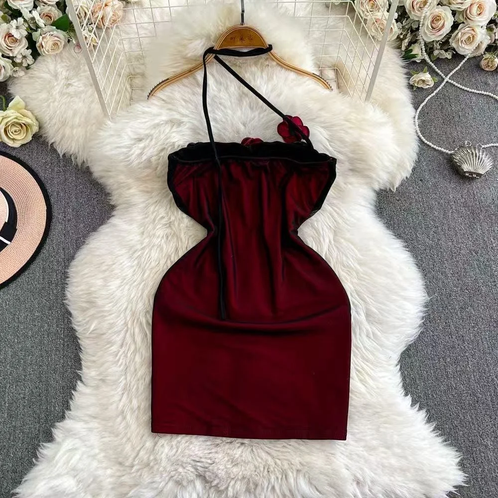 Hotsweet Sexy Mini Dress Halter Mesh Patchwork Irregular Slim Red Floral Women Dress Fashion Club Sleeveless Backless Dress Chic