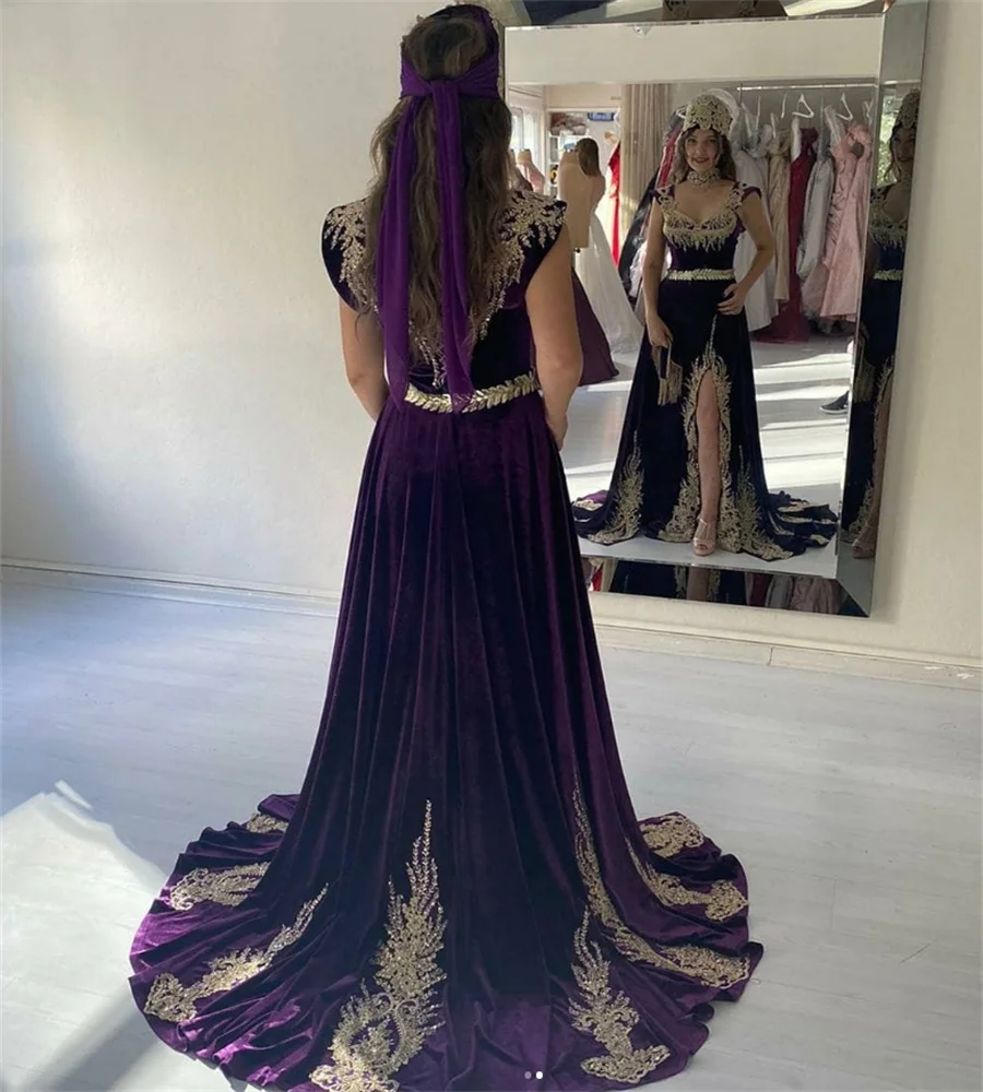 Gorgeous Purple Evening Dresses Moroccan Abaya Dubai Prom Dress With Slit Gold Appliques Velvet Formal Birthday Party Customized