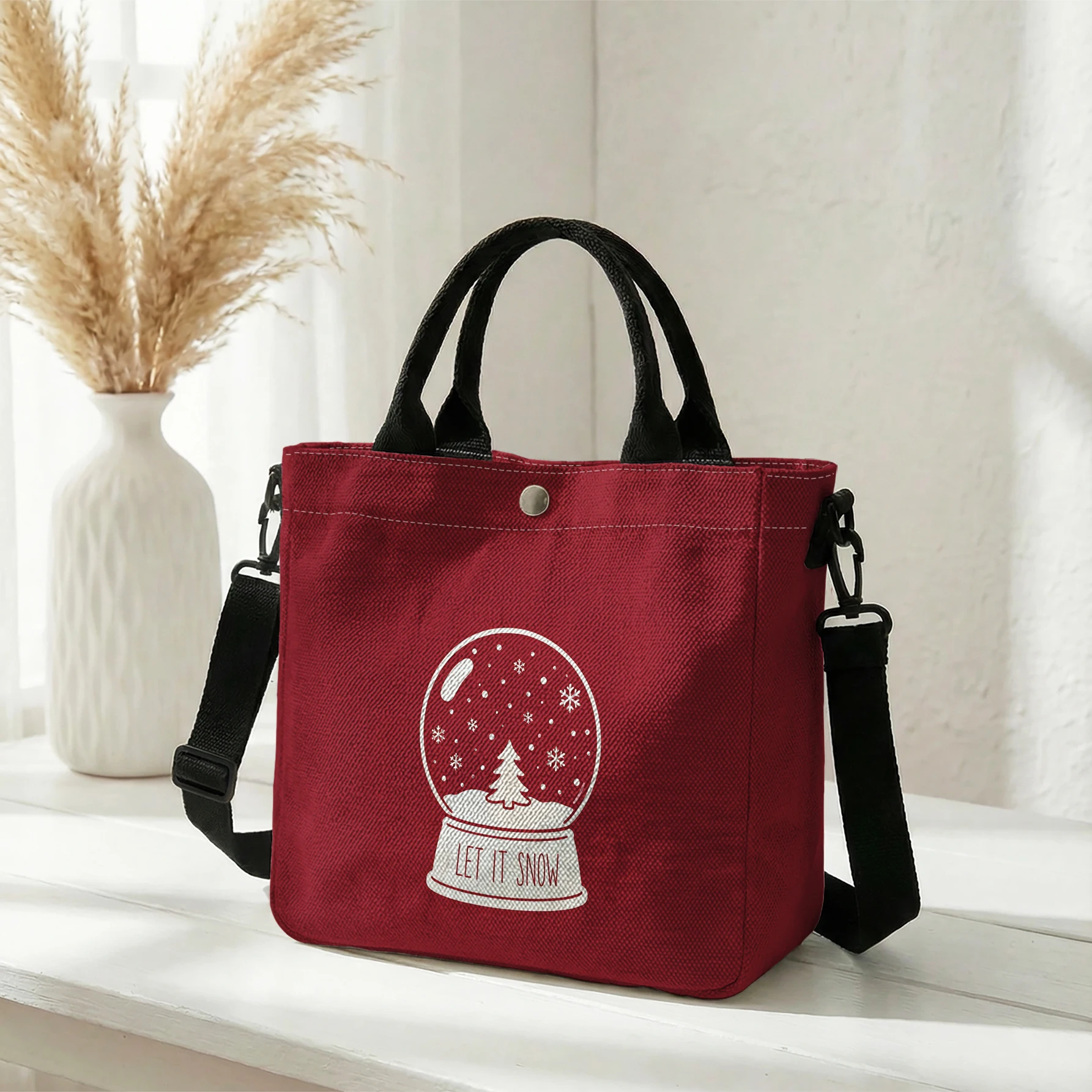 Let It Snow Snow Globe Print Tote Bag, Detachable Strap Crossbody Handbag For Daily Work Shopping