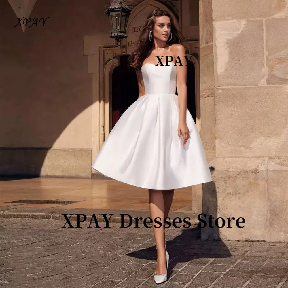 

XPAY Simple White Short Wedding Party Dresses Strapless Satin Mini Bride Gowns Evening Formal Dress Knee Length Customized