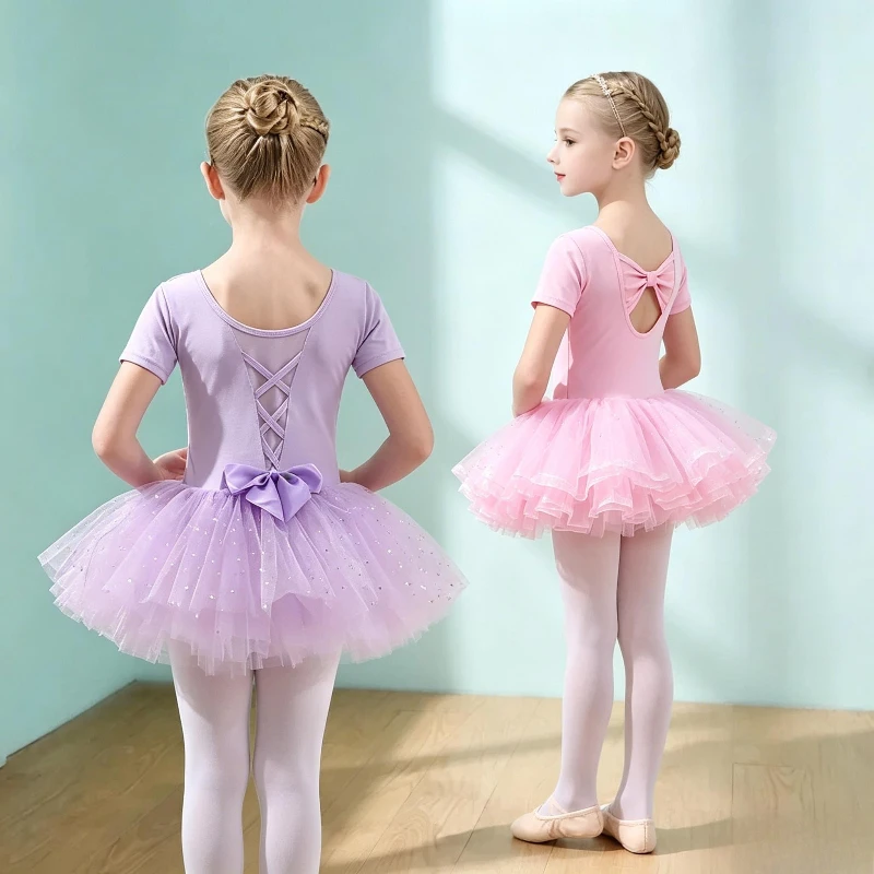 Robe de justaucorps de ballet violet clair pour enfants avec nœud, tutu en tulle à sequins pour la danse, jupes tutu à lacets au dos, vestido de tutu de ballet