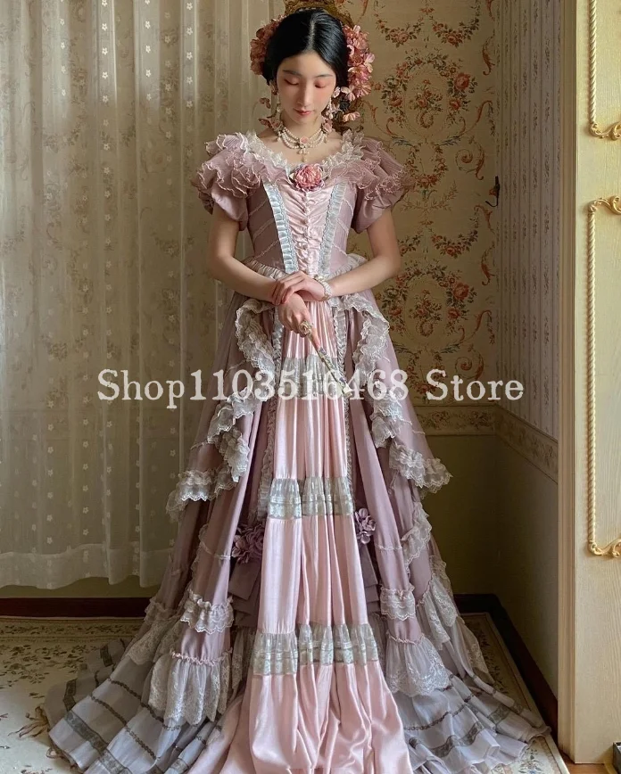 Lotus Pink Lolita Prom Dress Dreamy Fluffy Victorian Corset Laced Appliqué Lace Embroidered Fantasy Medieval Masquerade