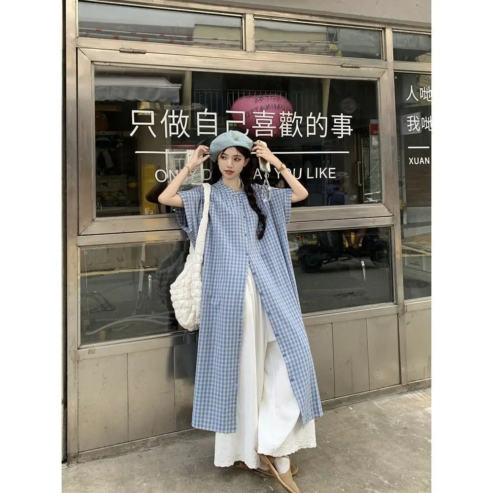

Womens Two Peice Sets New Summer High-end Casual Simple Advanced Check Long Designed Short-sleeved Shirt and Loose Trousers