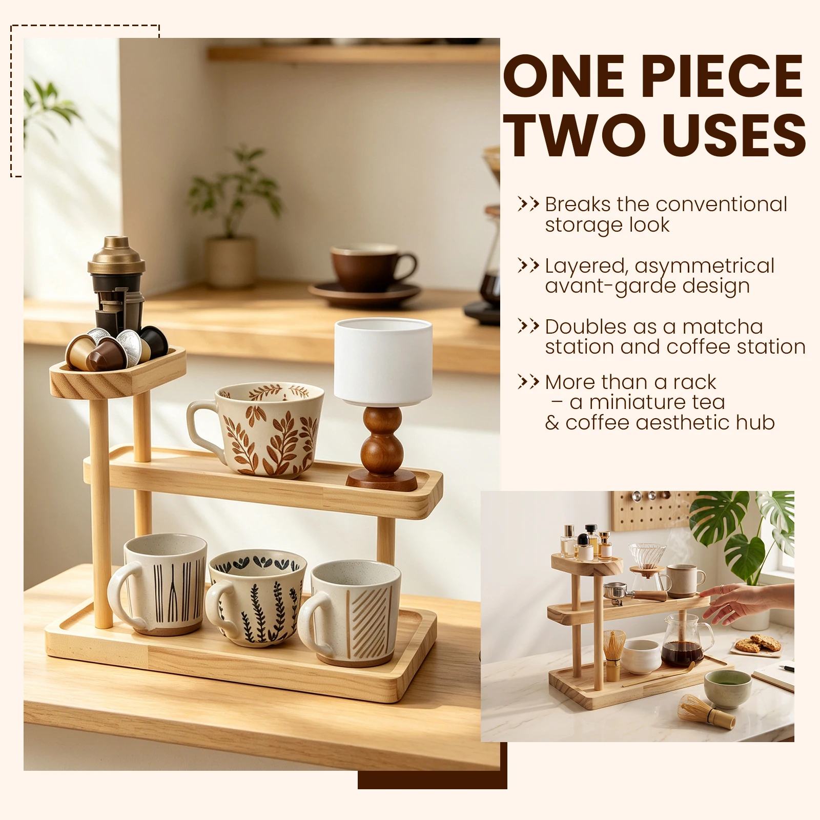 3-Tier Tabletop Cup Rack Wooden Matcha Station Display Coffee Tea Bar Dining Counter  Desktop Kitchen Spices Storage Shelf