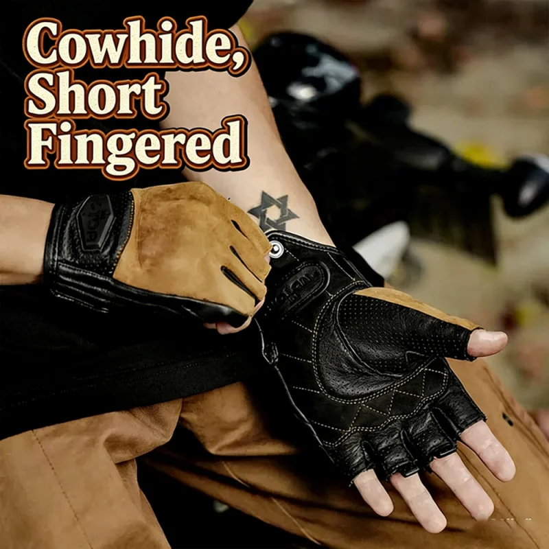 Men's Fingerless Motorcycle Cycling Gloves Summer Leather Riding Equipment Motocross Anti‑Drop Grip Vintage Motorcyclist Glove