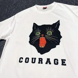 2024 Black Cat Printing Unisex Positive White T shirts Short Sleeve Loose Cotton Street Fashion Tees Summer Y2K Graphic Shirts