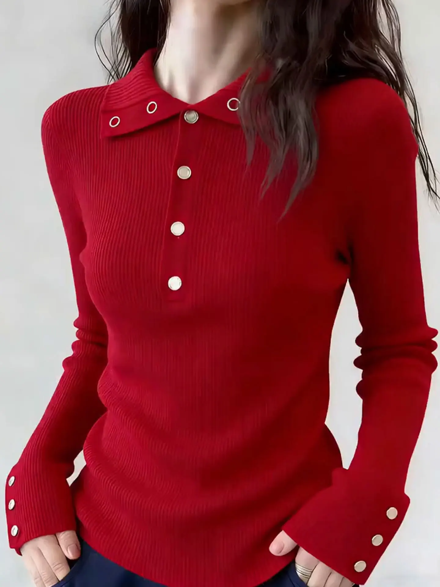 

Ele Red Knitwear Long Sve Turn-down Collar Slimming Base Layer Top for Women Commute Sle Korean Fit Spring Season