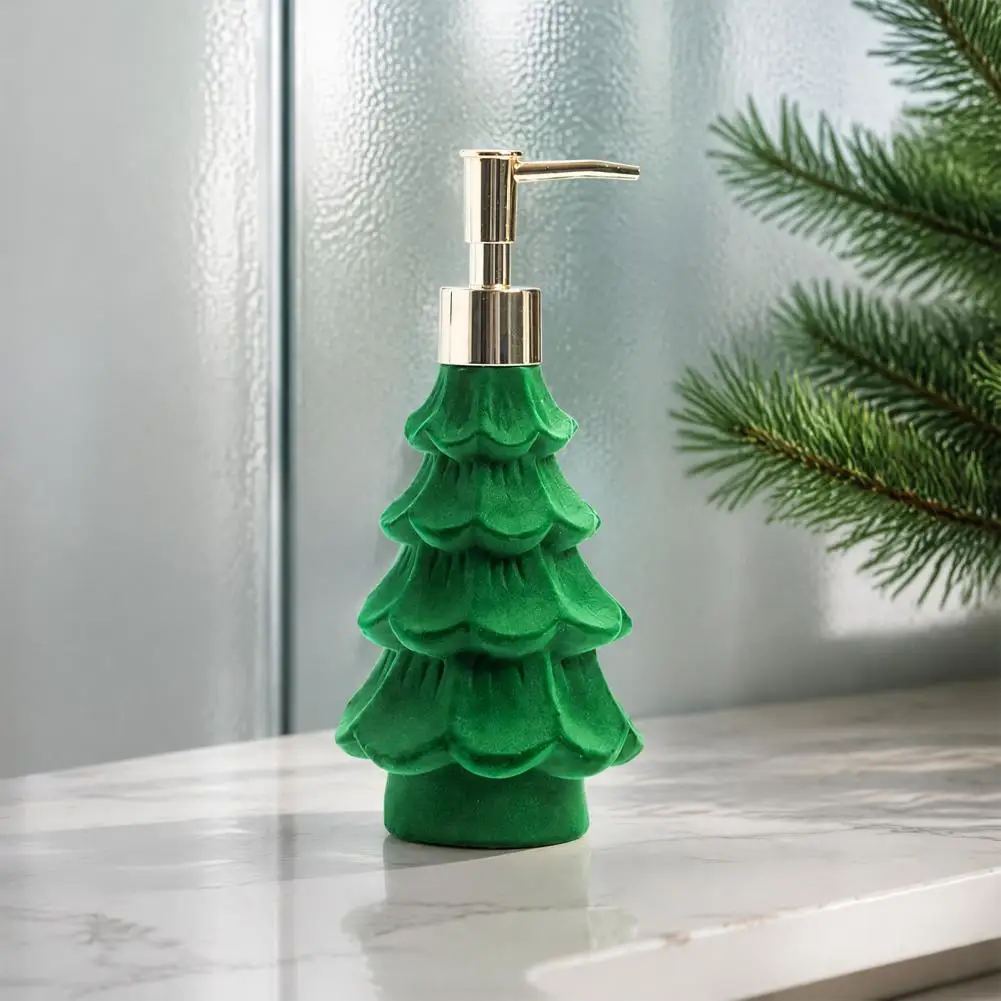 Festive Home Decor Accents Christmas Tree Dispenser with Flocking Effect Refillable Lotion Pump Bottle for Bathroom Kitchen