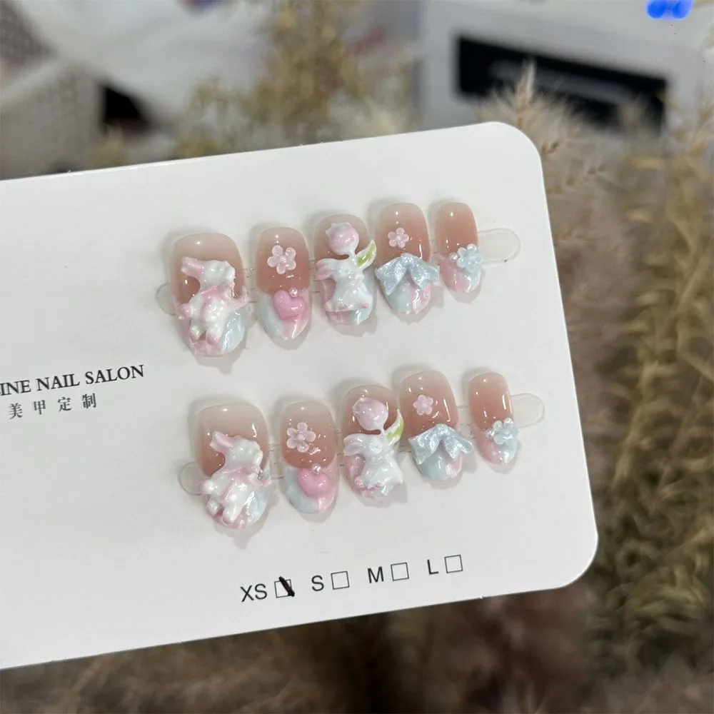 Fotografia 5: Unhas Postiças Redondas com Glitter, Estilo Menina Doce e Fofa, Urso 3D com Flor, Laço, Pérola, Morango e Diamante – Presente de Aniversário