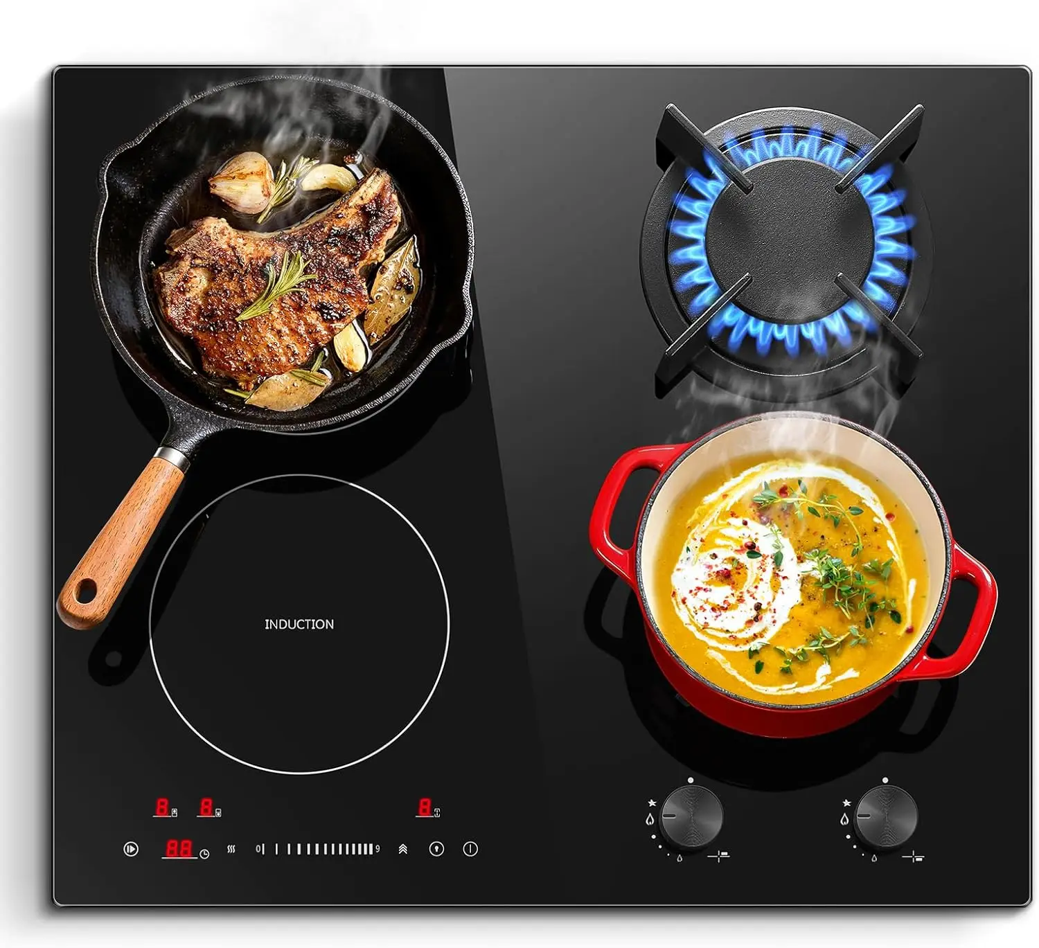 Table de cuisson hybride gaz et induction SNODAS 60 cm, 6900 W, 4 zones, fonction Boost, commande tactile 9 niveaux, minuterie et verrouillage enfant, verre noir