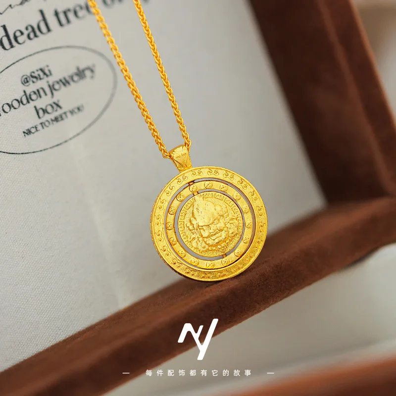 Cynlo Jewelry Luxury 24K 9999 Pure Gold real gold Women's Rotatable Three-Circle Yellow God of Wealth Pendant Rotatable Pendant