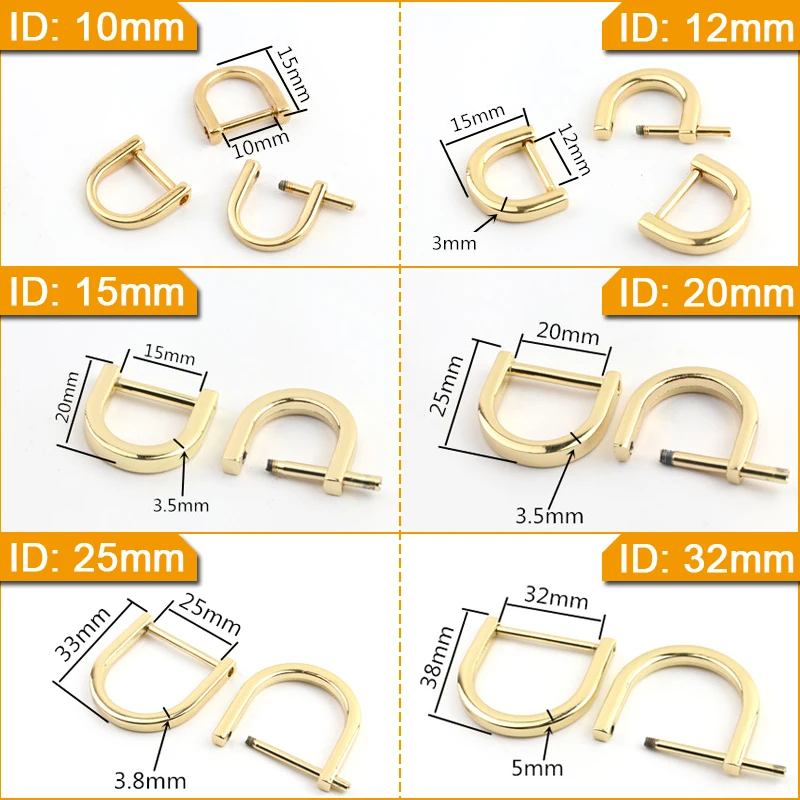 2pcs Metal Detachable D Ring Open Screw Dee Buckle Shackle Clasp for Leather Craft Bag Strap Belt Buckle Handle Shoulder Webbing