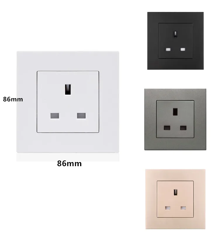 13A UK wall power socket flame retardant PC panel 86mm *86mm white/black/gold/sliver wall socket British 110-250V