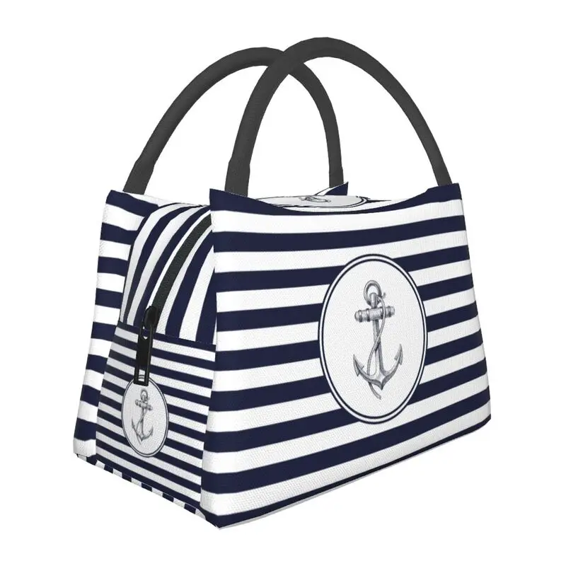 Custom Anchor And Navy Blue Stripes Insulated Lunch Bag for School Office Nautical Sailor Resuable Thermal Cooler Lunch Box