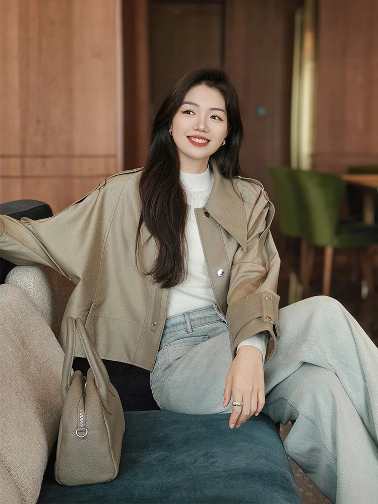 

Кожаная куртка MeiYang с отложным воротником и пуговицами, из полиэфирного волокна, женская, модная, свободного кроя, с длинными рукавами