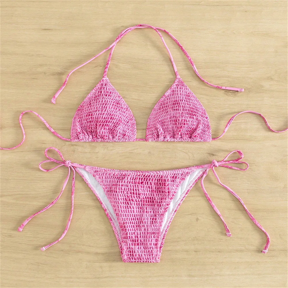 Pleated Wrinkled Bikini Print Swimsuit String Lace Up Backless Swimwear Y2K Micro Bathing Suit Women Beach Outfit Bikinis Femmes