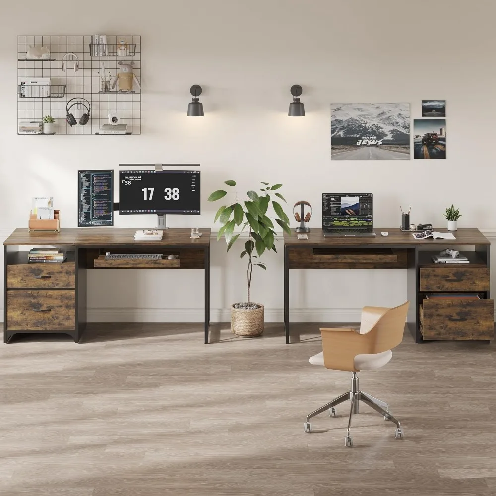 Meja Komputer Kayu Gaya Industrial 55 dengan Laci Penyimpanan, Baki Keyboard, dan Lemari Arsip