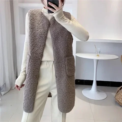

Autumn Winter Outerwear Stylish Versatile Ladies Coat Crew Neck Design Fashionable Lamb Fur Vest Women's Mid-Length Jacket