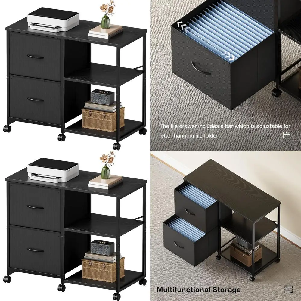 

Black Rolling 2-Drawer File Cabinet with Printer Stand and Storage Shelf for Home Office