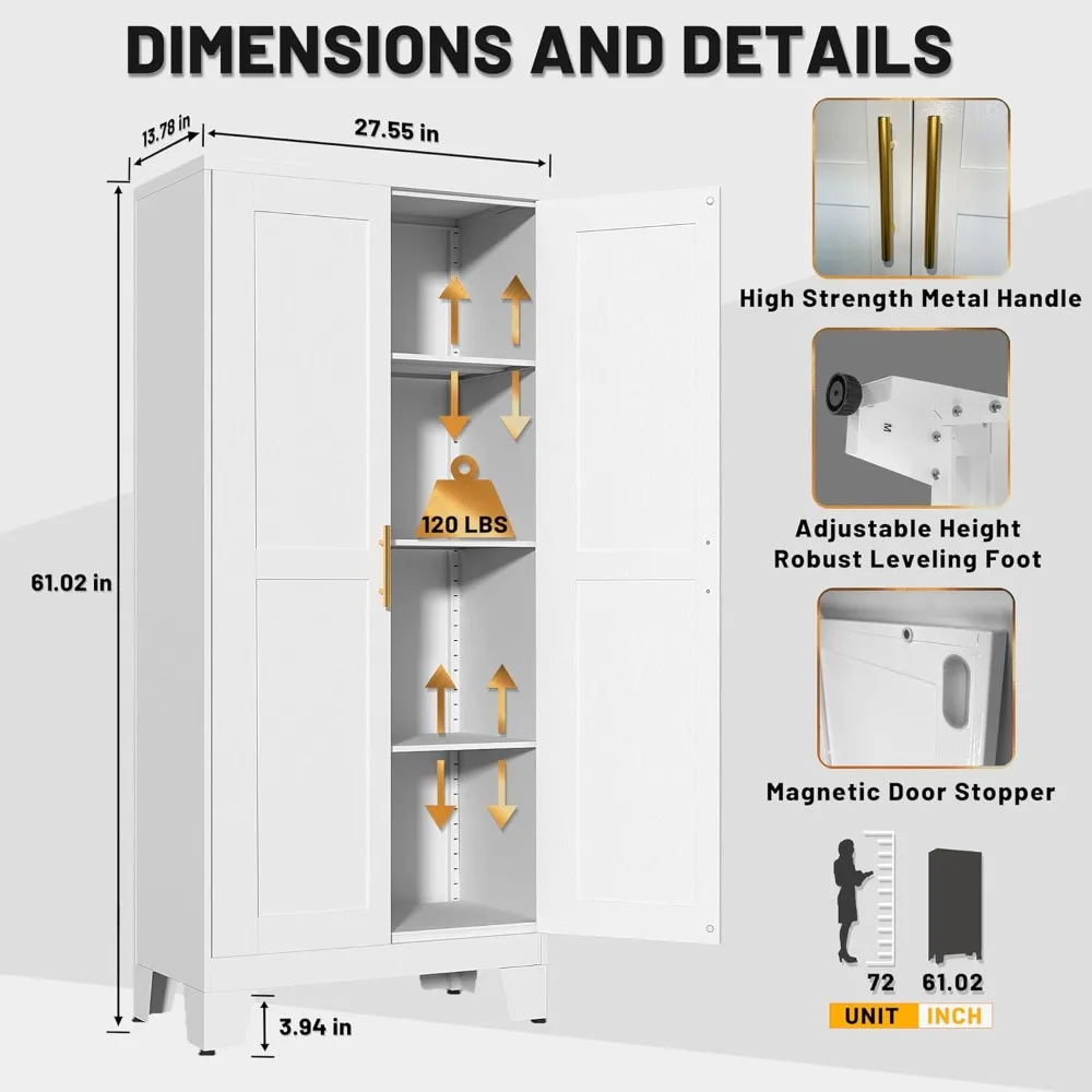 White Metal Kitchen Storage Cabinet, Kitchen Pantry Storage Cabinet with Doors and Shelves, Storage Cabinet with Adjustable