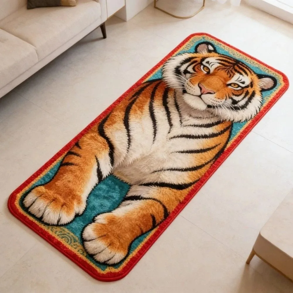 Unique 2D Flat Tiger Bedroom Carpet Water-absorbing Abrasion-resistant Doormat Non-slip Lifelike Bedside Rug Home Decor