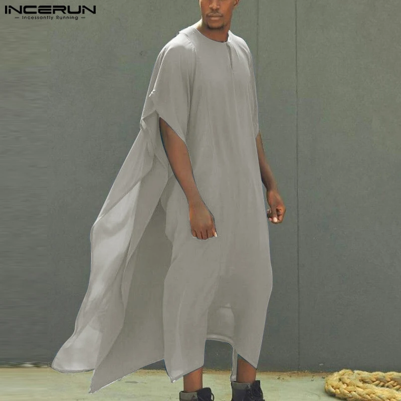 2023 erkekler müslüman jumuslim Thobe o-boyun kısa kollu katı Vintage düzensiz Kaftan erkekler İslami arapça Kaftan erkekler elbiseler S-5XL INCERUN
