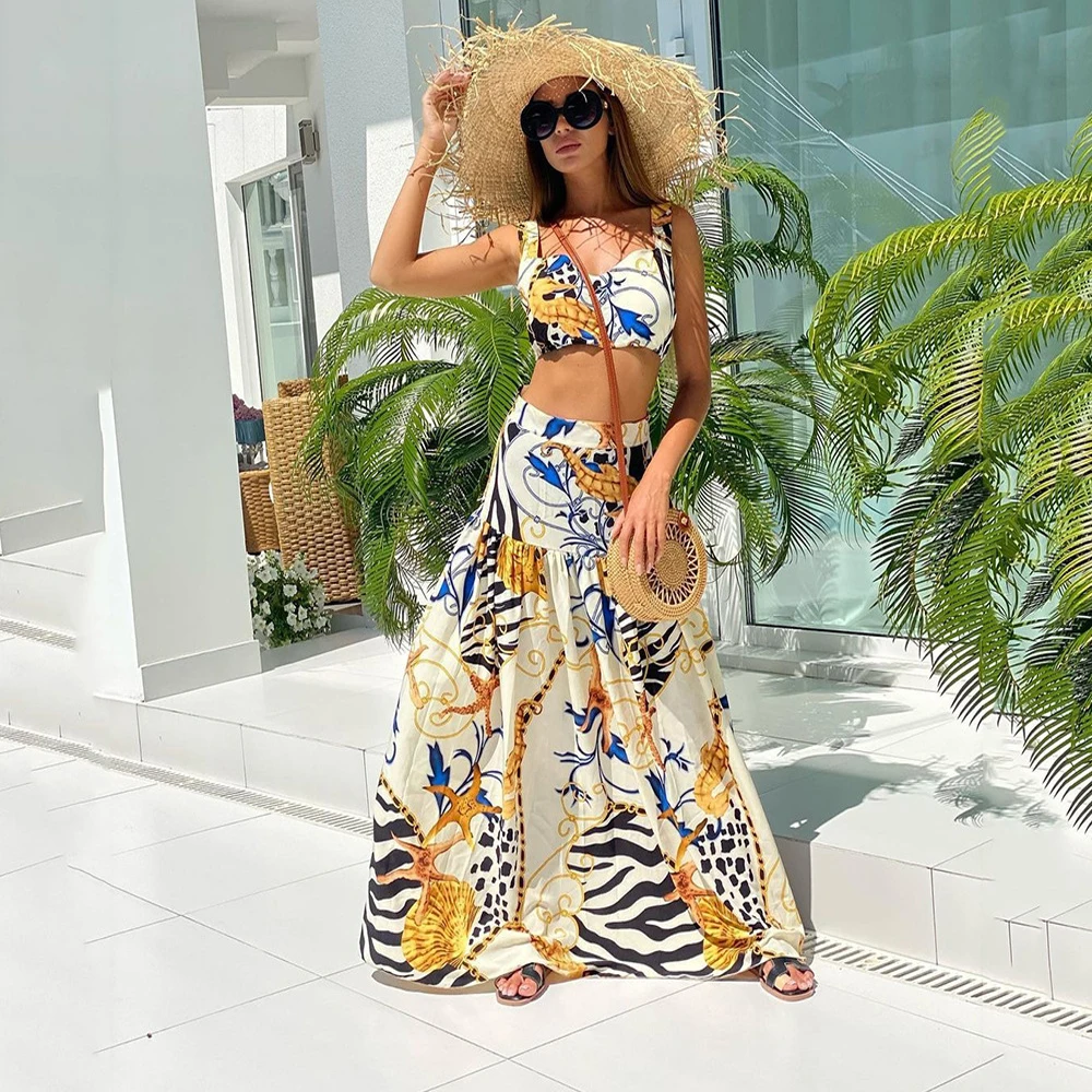 Women Boho Skirt Suits 2023 Summer Printed Sleeveless Backless Crop Camis And Beach Holiday A-Line Skirt Women 2 Pieces Set