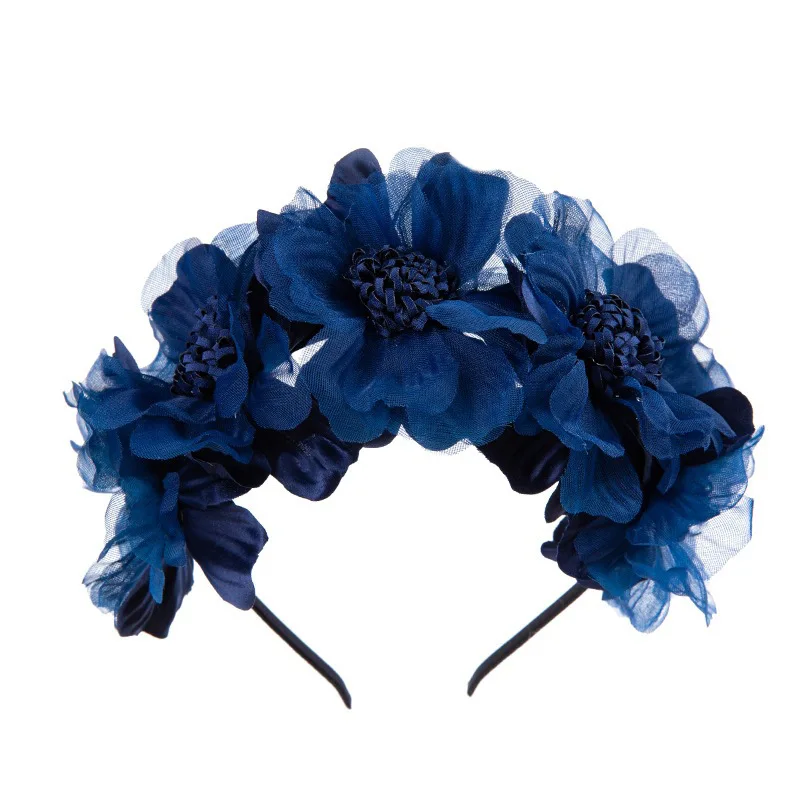 dark blue flower crown simulation garland bride large mesh headband girl curling head band hair accessories