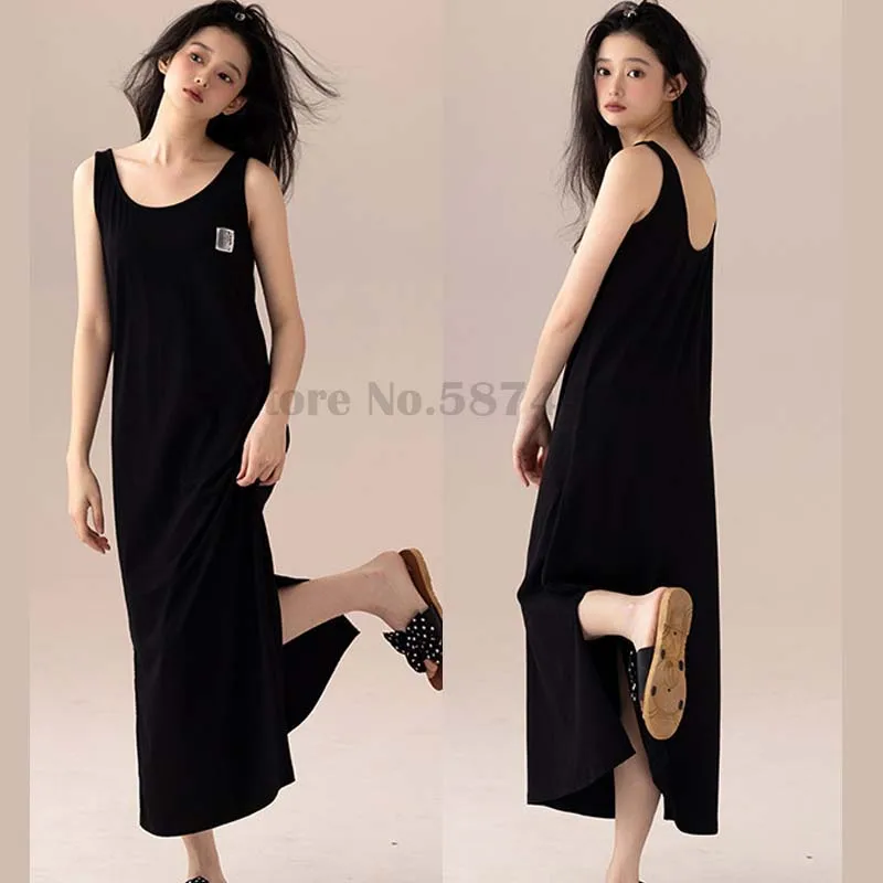 

Modal Vest Nightdress Women Summer Solid Color Casual Simple Sleepwear Long Split Sexy Nightgown Can Be Worn Outside Home Wear