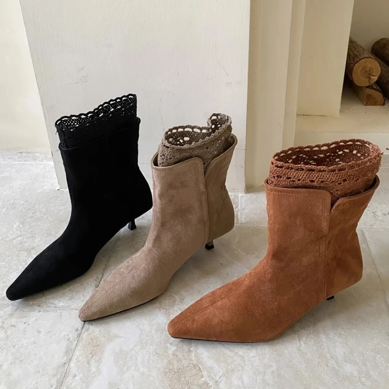 

Сексуальные женские ботильоны с острым носком и сеткой, модельерские современные ботинки из искусственной замши, элегантные туфли для вечеринок на низком тонком каблуке