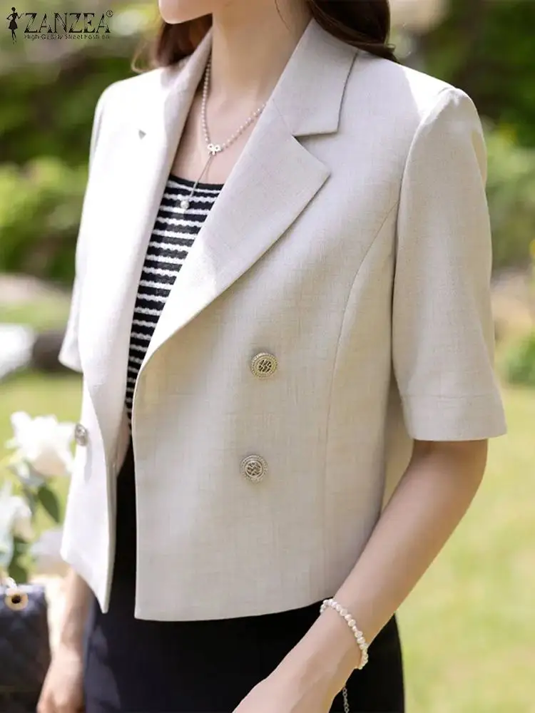 ZANZEA Elegant Women OL Work Blazer Summer Lapel Neck Half Sleeve Thin Coats Fashion Solid Office Wear Open Front Cardigan 2024