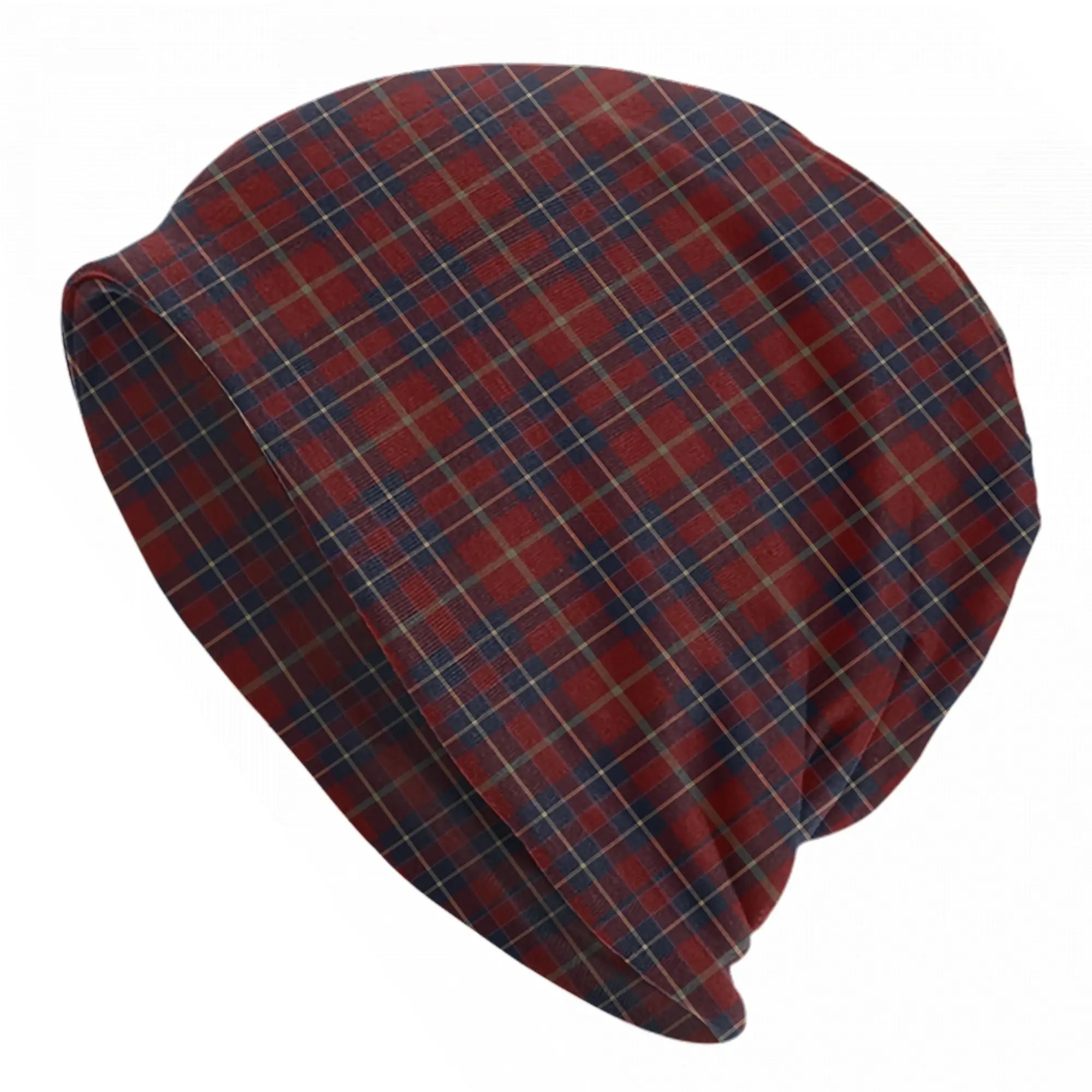 Tartan Dark Red and Navy Blue Plaid  Bonnet Hats Cool Outdoor  Skullies Beanies Hats Unisex Spring Head Wrap Cap