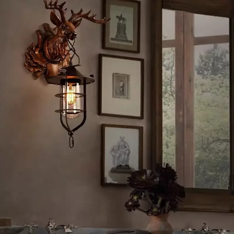 Creative Deer Head Indoor Cafe Stairs American Rustic Retro Iron Industrial Style Bedroom Corridor Antlers Wall Lamp