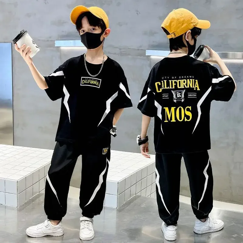 summer boys clothes set letter top & pants 2 pieces suit teenage boy print tracksuit cool boy style children outfit