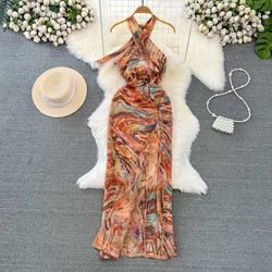 Foamlina Summer Women Tie Dye Print Dress Sexy Cut Out Lace-up Halter Sleeveless Backless Slim High Split Holiday Beach Dress