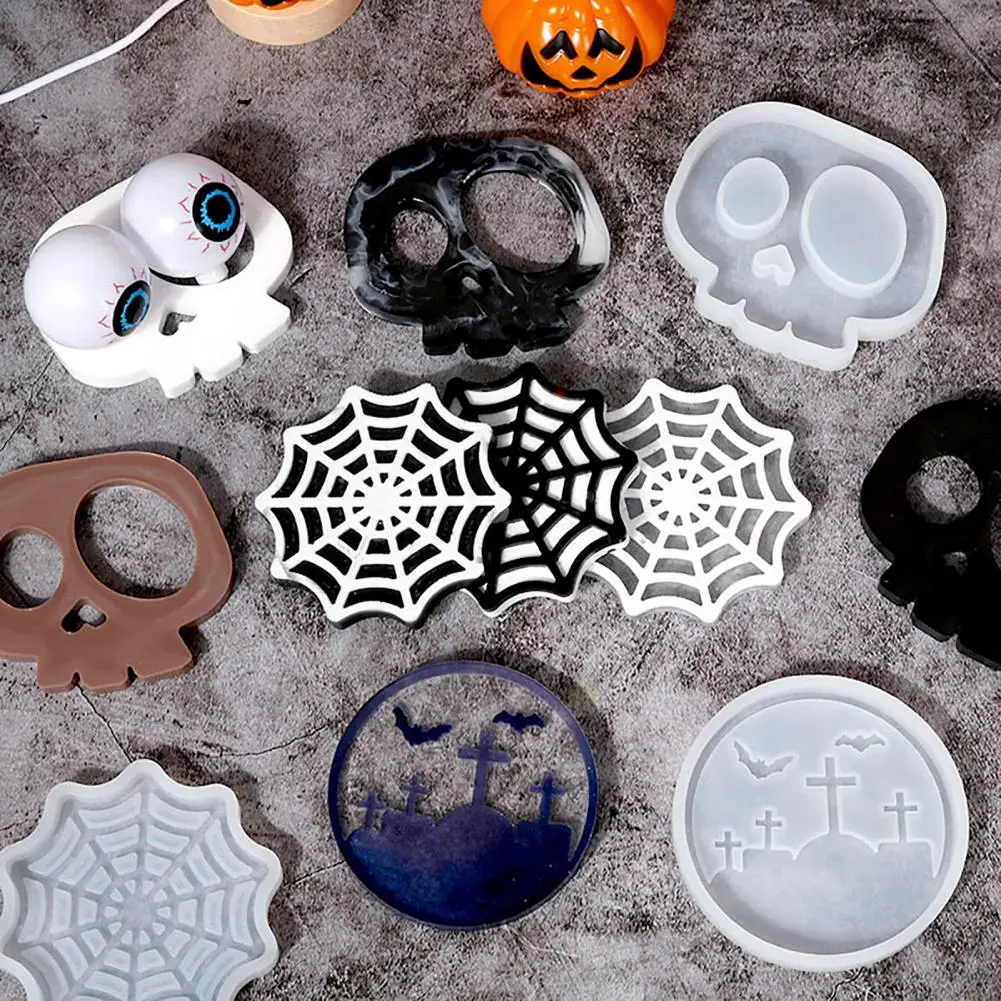 Molde de resina para porta-copos de halloween, caveira, teia de aranha, formato de lápide, faça você mesmo, resina epóxi, fundição de silicone, suporte de copo de vela
