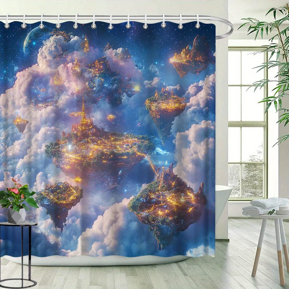 

Плавающая городская занавеска для душа в стиле фэнтези — очаровательный облачный пейзаж, перегородка для ванны, полиэфирная ткань, в комплект входит 12 крючков