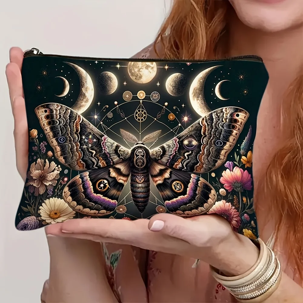 Gothic Moth Witchy Vibes Celestial Makeup Bag Durable Not Fade Zipper Pouch Lightweight Floral Sun and Moon Cosmetic Travel Bag