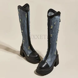 Fashion Women Knee High Boots Four Season Splicing Genuine Leather Ladies Office Thick Heels Denim Back Zipper Shoes