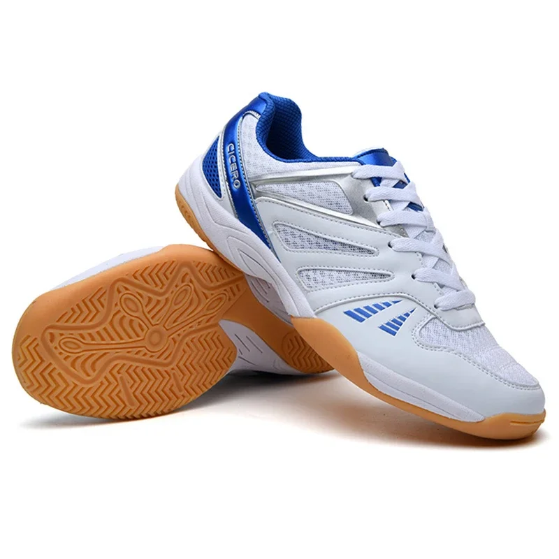 

New Arrival White Blue Badminton Unisex Sneakers Light Weight Table Tennis Sneakers Ladies Anti Slip Vollyball Shoes