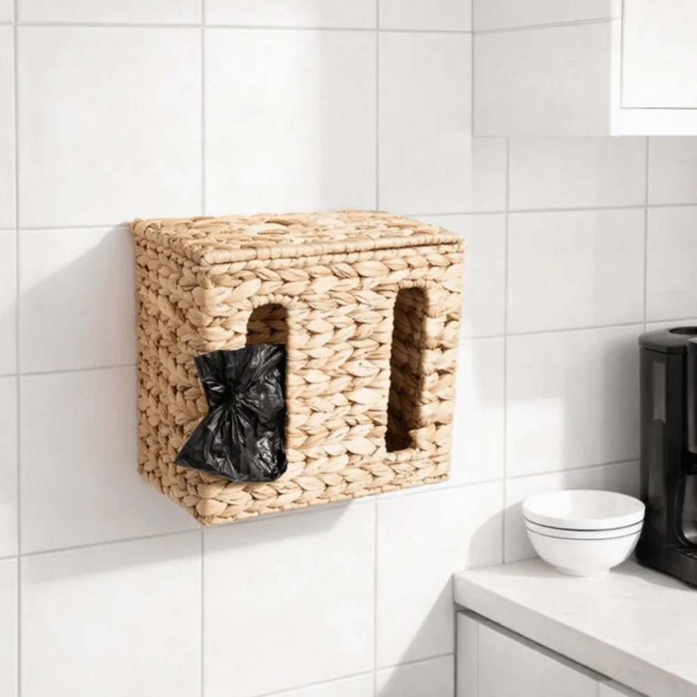

Rectangular Straw Weaving Storage Basket Wall Mounted Large Capacity Garbage Bag Storage Box with Lid Tissue Box Living Room