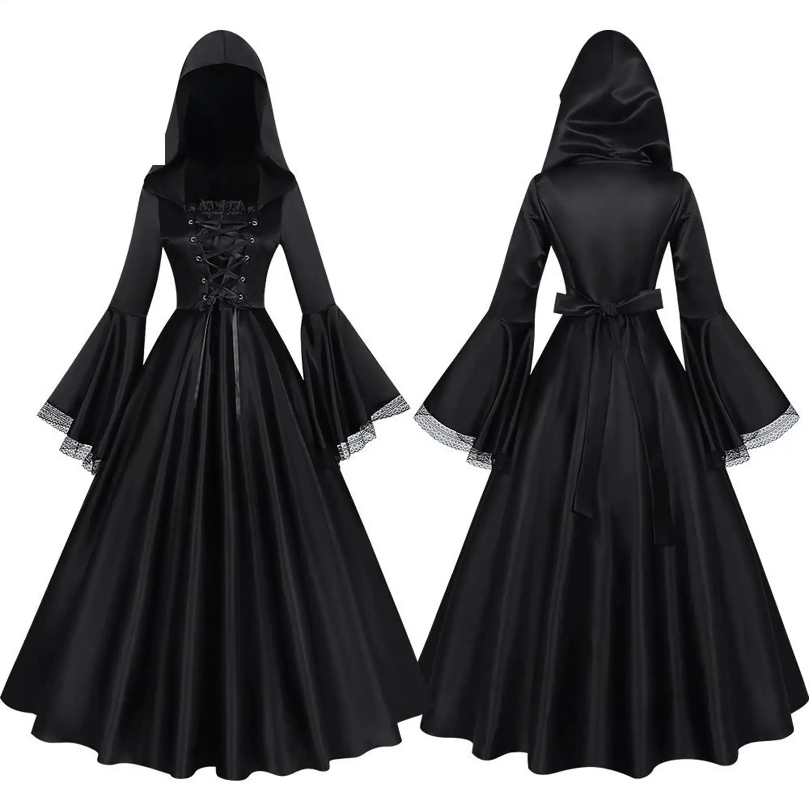 Costume de Sorcière d'Halloween, Robe Longue Médiévale Gothique à Capuche, Cosplay Renaissance, Déguisement d'Horreur pour Femmes, Théâtre de Maison Hantée