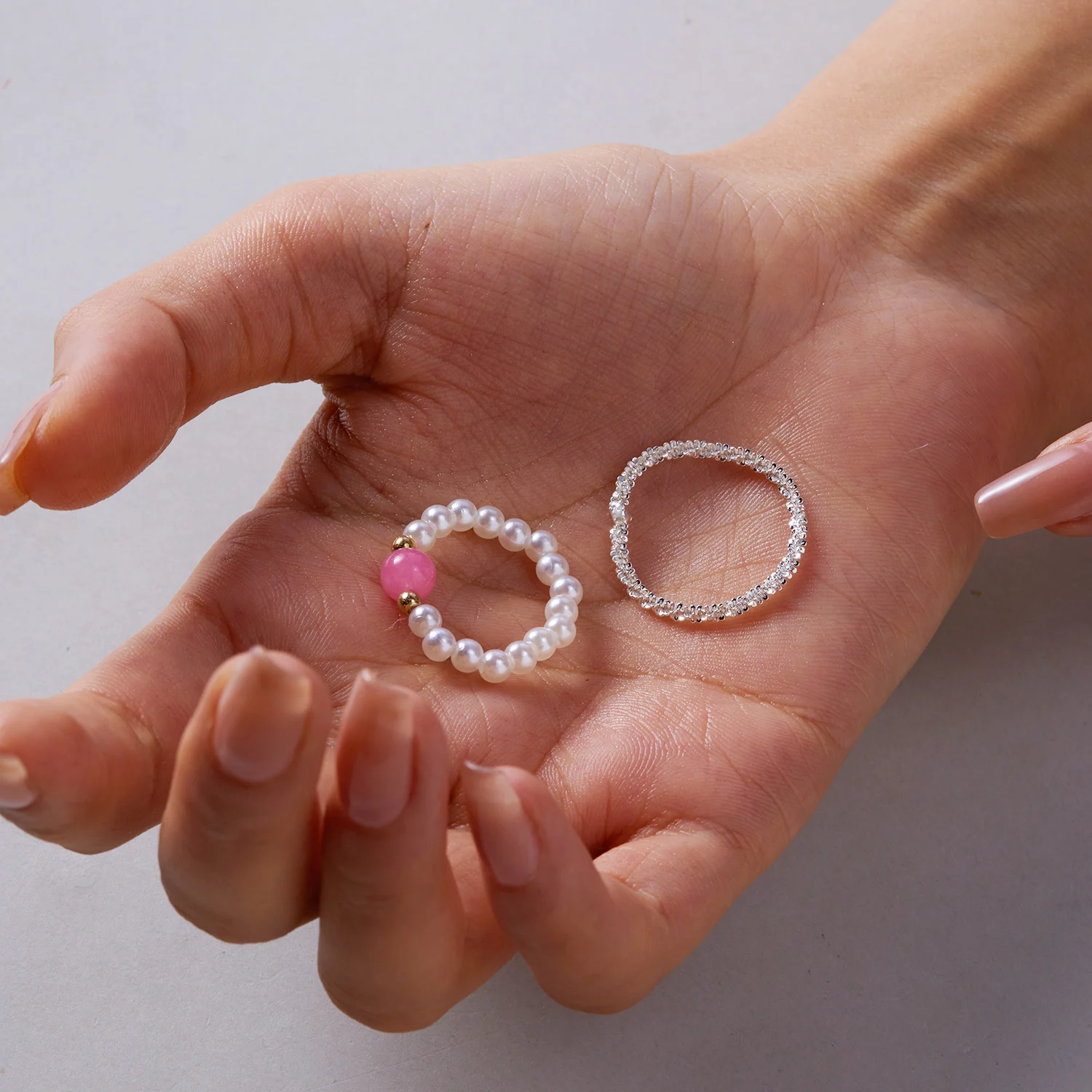 2Pcs White Round Imitation Pearl Beaded Sparkling Rings Set Women Girls Korean Fashion Knuckle Finger Ring Aesthetic Jewelry