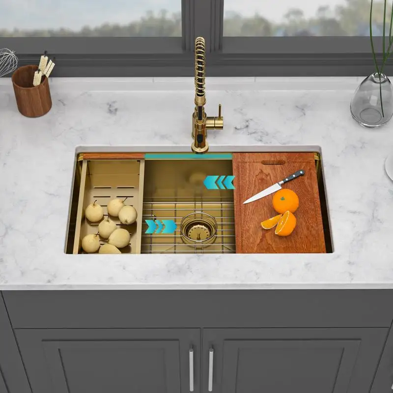 

Single Bowl Undermount Workstation Kitchen Sink - 33 Inch x 19 Inch x 10 Inch 16 Gauge Stainless Steel Deep Sink