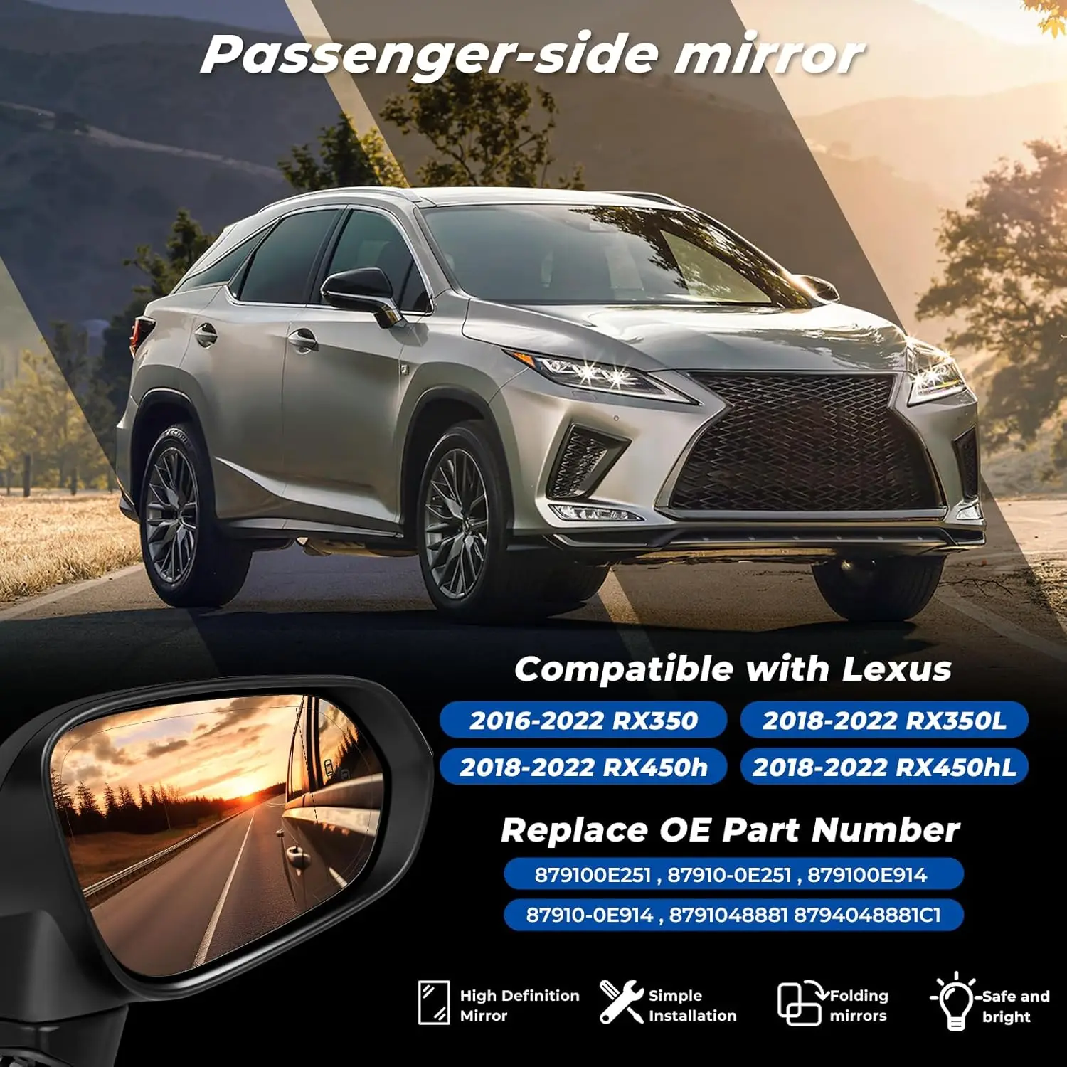 

Right Car Rearview Mirror For Lexus RX350 2016-2022 For RX350L RX450h RX451hL 2018-2022 Power Heated With Blind Spot 87910-0E251
