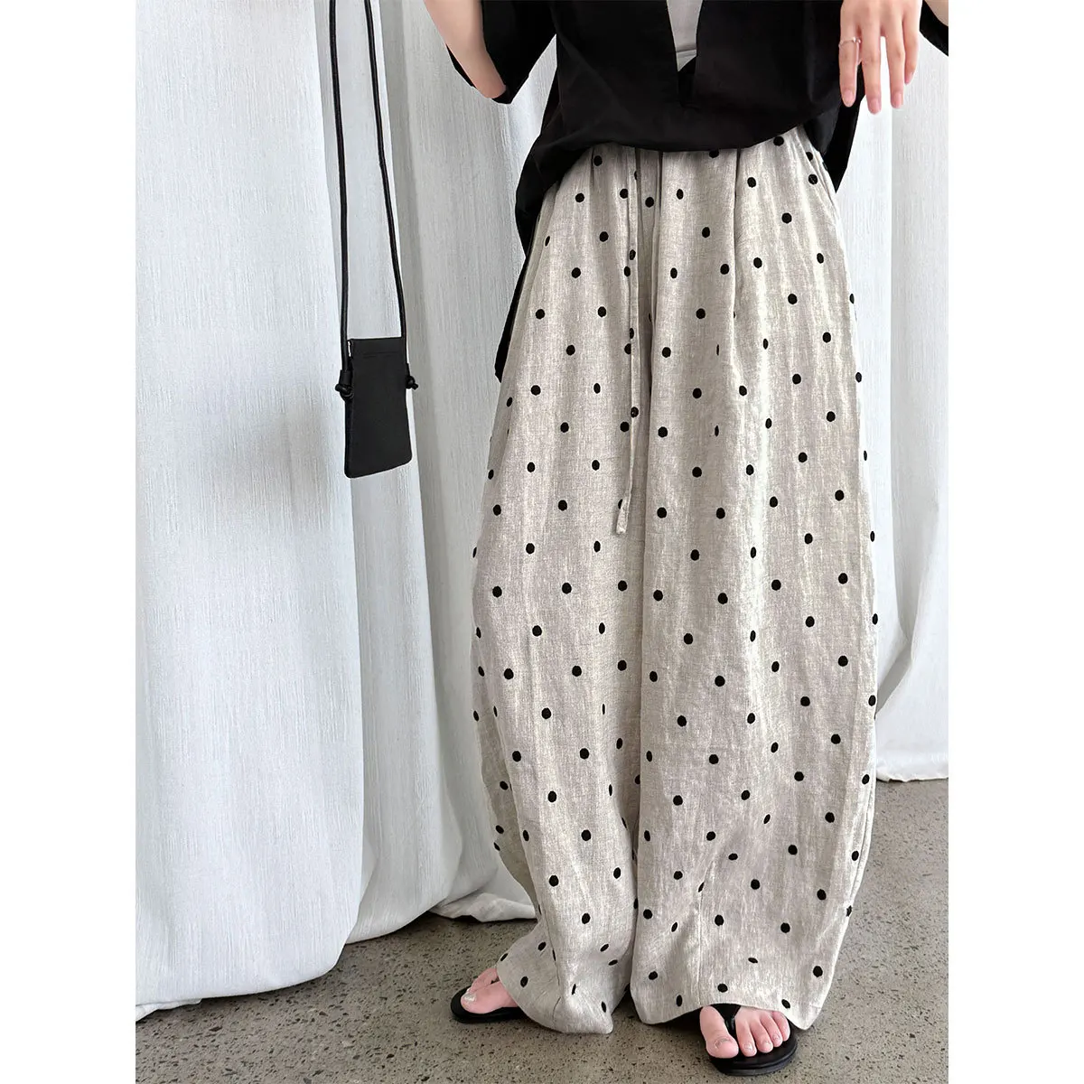 

Тяжелая промышленность, льняные повседневные брюки в горошек с эластичной резинкой на талии, тонкие хлопковые и льняные повседневные брюки, женские широкие серповидные брюки