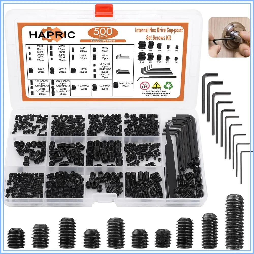 500Pcs 25 Size Metric & SAE Set Screw Assortment Kit, 12.9 Alloy Steel Hex Socket, M3-M8 & 1/8-40 to 5/16-18, for Door Handles & Fixtures