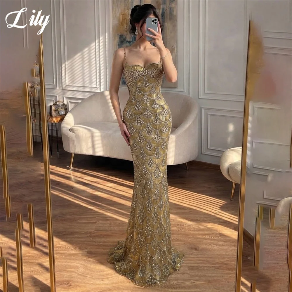 Lily Gold Party Dresses Thin Spaghetti Strap Evening Dresses Rhinestone Mermaid Train Formal Gown Luxury Prom Gown Customized