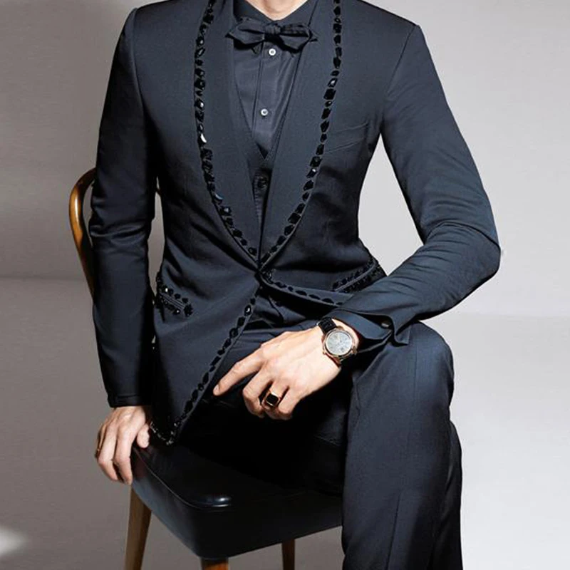 Navy Blue Rhonestone Men Suits Stunning 3 Piece Groom Tuxedo For Wedding Prom With Shawl Lapel Custom Man Fashion Clothes 2024